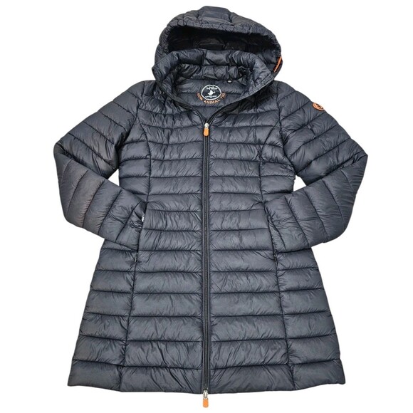 Save The Duck Womens 1/S Ultra Light Jacket Hooded Puffer Coat Plumtech Navy - Picture 3 of 16